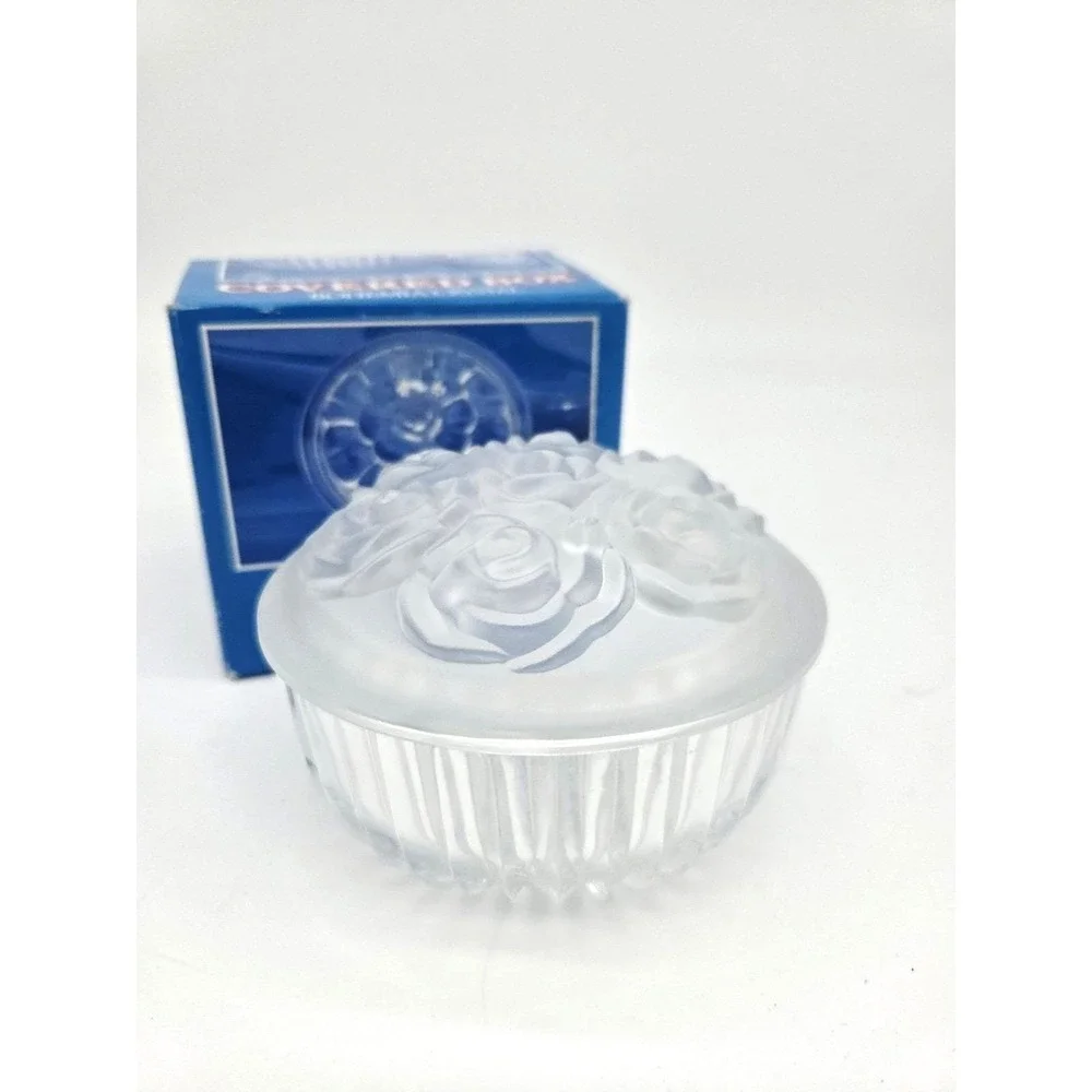 Vintage Bohemian Crystal Powder Dish Trinket Jar Raised Rose Frosted Lid 4.5x3.5